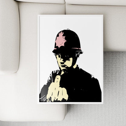 98Types brings you Banksy's "Middle Finger" print. A perfect piece of street art to hang on your wall and give the finger to the man. This print is a high quality reproduction of the original graffiti art. - 98types