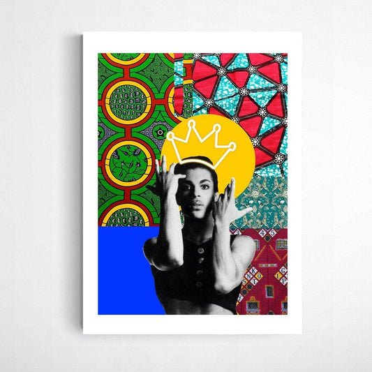 Graphic illustration of the great musician prince, one the most influential artists of the ’80s. Black History Heroes, Kings and Queens Special Edition with colourful African patterns in the background. This bold and colourful design is a perfect fit for the home of a maximalist.