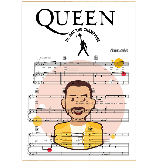 Print lyrical with these unusual and Natural High quality black and white musical scores with brightly coloured illustrations and quirky art print by artist Queen - We Are The Champions to put on the wall of the room at home. A4 Posters uk By 98types art online.