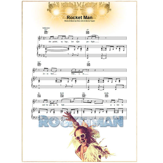 Print lyrical with these unusual and Natural High quality black and white musical scores with brightly coloured illustrations and quirky art print by artist Elton John - Rocket Man to put on the wall of the room at home. A4 Posters uk By 98types art online.