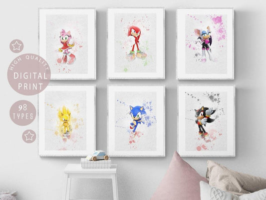 Set 6 Sonic The Hedgehog Watercolour Print Set, Sonic Art, Shadow, Tails, Knuckles, Retro Game Poster, Boys Wall Art, Kids Poster