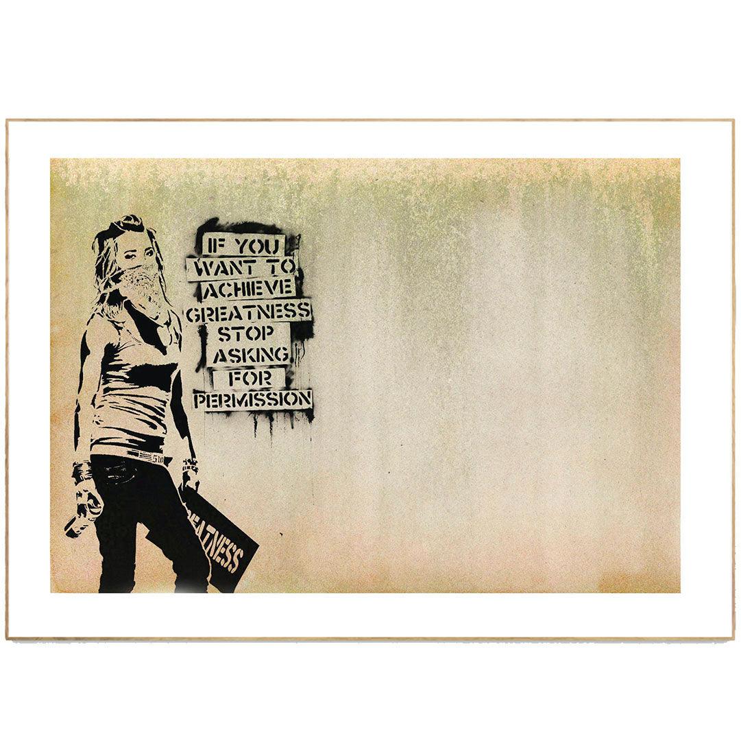 Add some edge to your walls with this Banksy art print. This sassy girl is sure to add some personality to your walls. Painted by the world-renowned street artist, Banksy, this print is sure to turn heads. Whether you're a fan of street art or just looking for something unique, this print is a must-have for your collection.