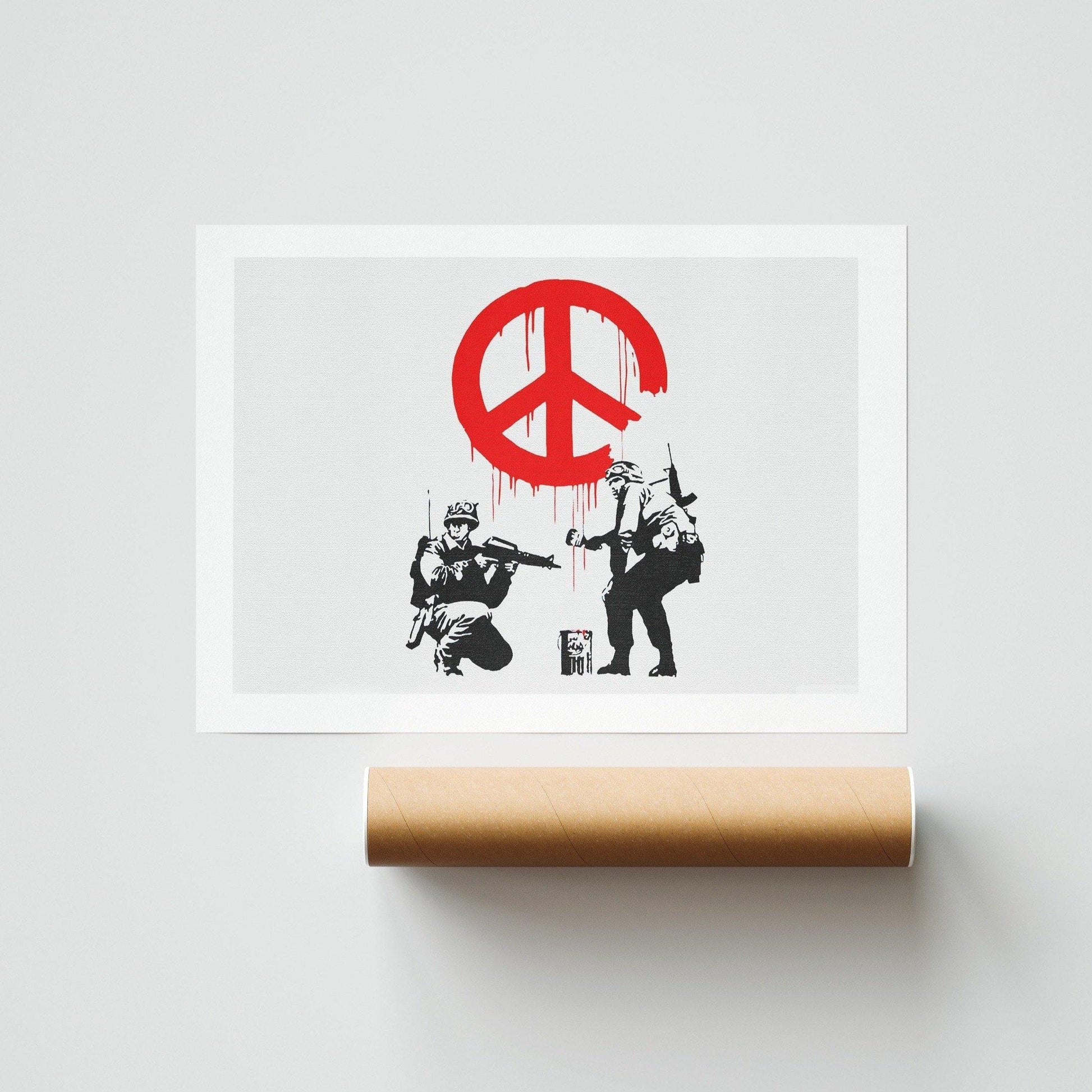 This poster is brought to you by 98Types, the authority on street art. From the streets of London to the walls of your home, this poster is a must-have for Banksy fans. Depicting two soldiers in a passionate embrace, it sends a powerful message of peace. Perfect for your bedroom, living room or office, this poster is sure to add some personality and culture to your space.