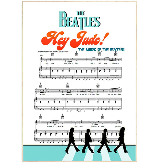 The Beatles • Hey Jude Song Lyric Print | Song Music Sheet Notes Print  Everyone has a favorite song and now you can show the score The Beatles as printed staff. The personal favorite song sheet print shows the song chosen as the score.  Whether it's a happy memory song from when you were younger or the song you keep repeating all day, it would make a great gift for the person you admire and are close to you. It is an ideal gift for a music lover or musician.