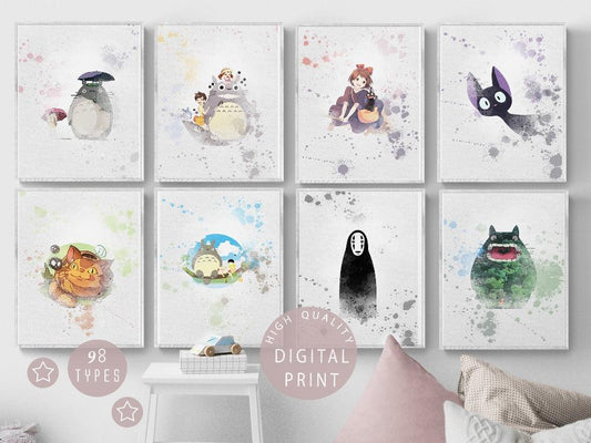 Set of 8 Totoro ink art watercolour prints.   Each print has been designed by our graphic artist to provide a beautiful, rich watercolor effect print that can be used to brighten any space. Prints can be enlarged up to 30 x 40 cm (12 'x 16 ") if required and even printed on canvas.