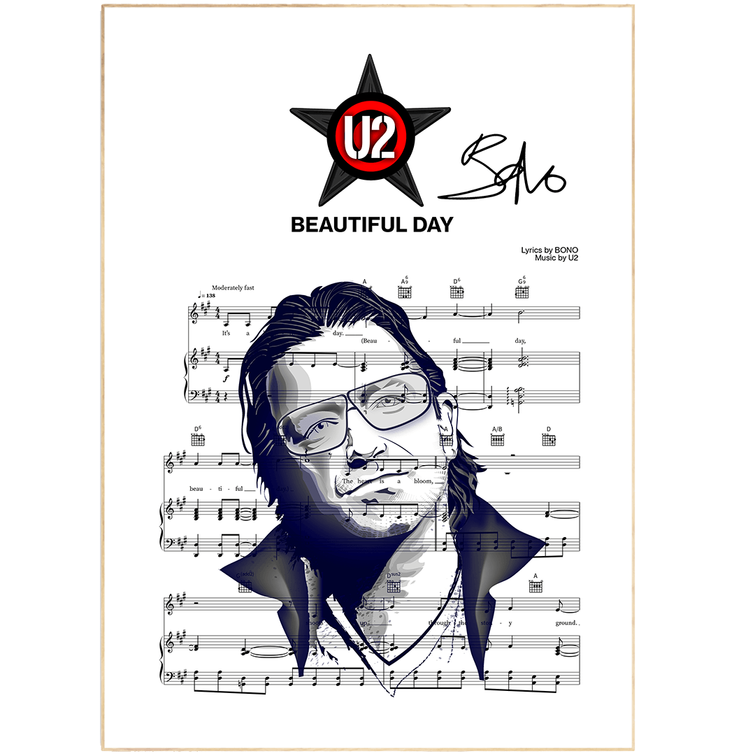 U2 • Beautiful Day Song Lyric Print | Song Music Sheet Notes Print  Everyone has a favorite song and now you can show the score as printed staff. The personal favorite song sheet print shows the song chosen as the score. 