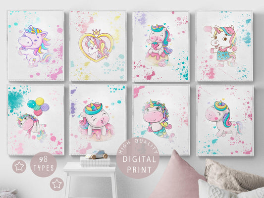 Set of 8 Unicorn wall art set, Printable unicorn art, Girls room decor, Unicorn gold glitter, Unicorn prints, Pink blush, cloud rainbow