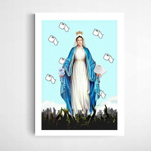Graphic illustration of the Virgin Mary handing out toilet paper and Hand Sanitiser for everyone. Elegant Pastel color in Background.