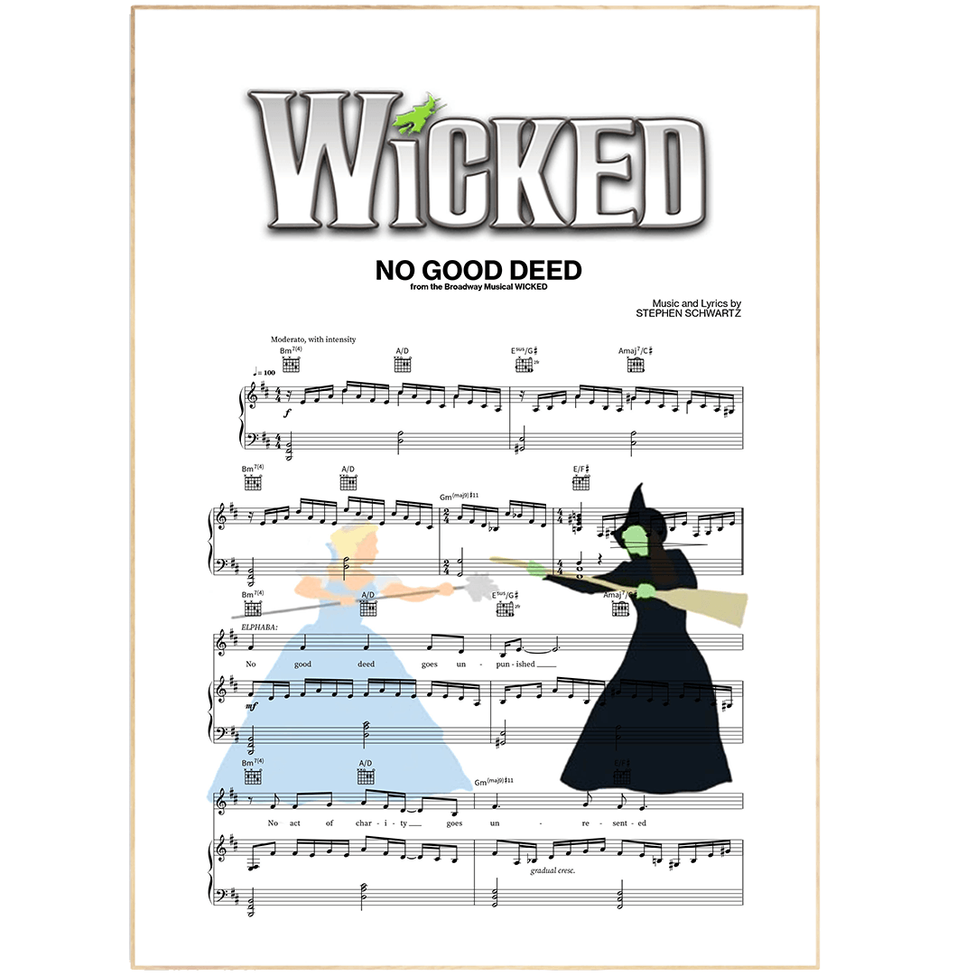 Looking for a unique and eye-catching addition to your music-themed decor? Look no further than this poster for the Wicked - NO GOOD DEED song. This poster is a hand-crafted work of art, featuring the lyrics to the Wicked - NO GOOD DEED song in beautiful calligraphy. Whether you're a fan of the musical or just looking for an interesting piece of art, this poster is sure to please.