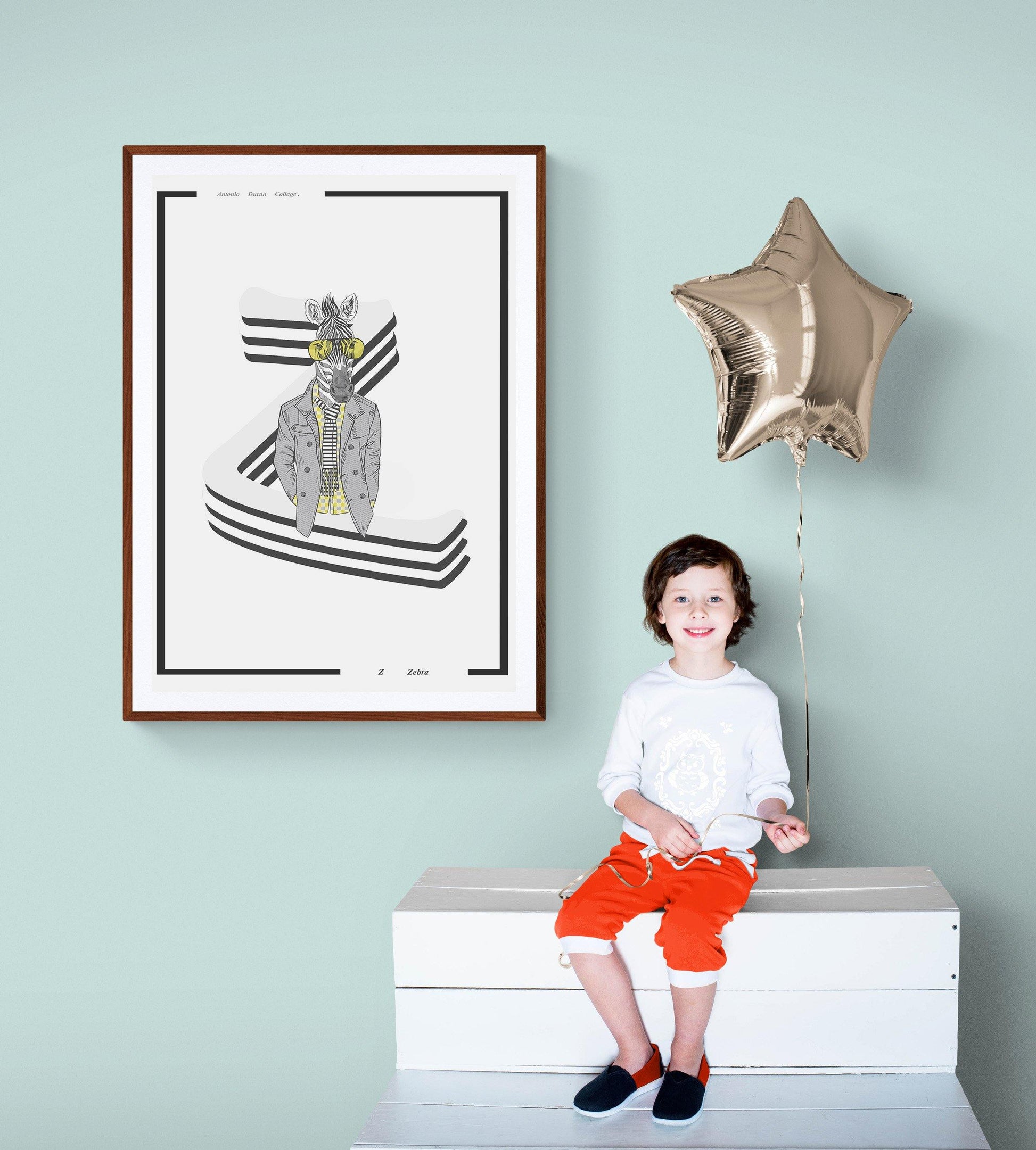 Zebra Alphabet Poster | Letter Z Print | Fun Characters | Magic Wall Decor Nursery | Custom Original Name | Educational Poster | Variety Sizes - 98types