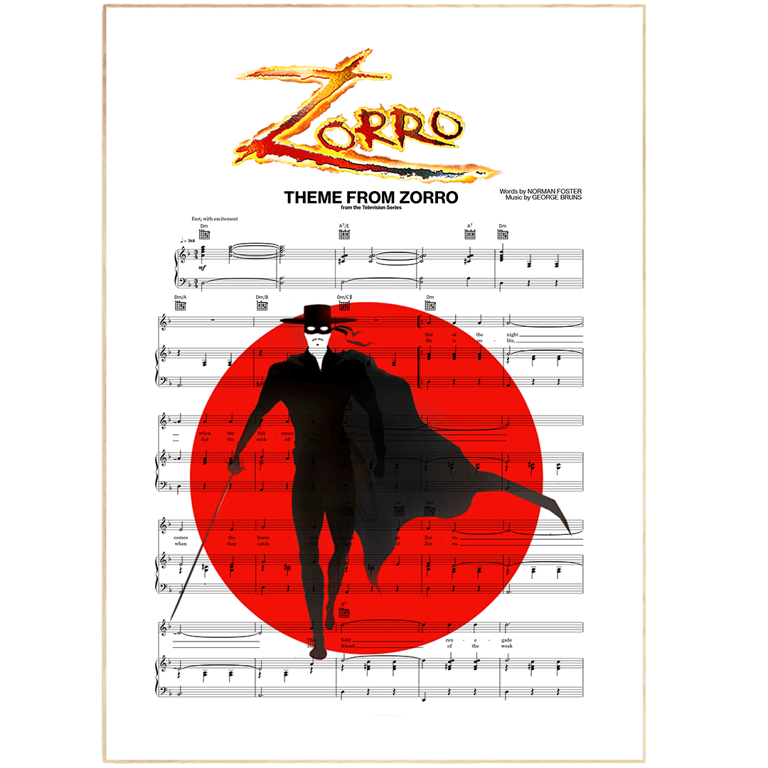 Put a song in your heart and in your home with this Zorro Theme Poster from 98Types Music. Perfect for any music enthusiast, this one-of-a-kind poster features the iconic song lyrics from the classic theme. Whether you want to spread some music around or show off your love for the classic theme, this hand-crafted poster is the perfect way to do it. Crafted with careful attention to detail, each poster is designed to be a lasting reminder of movie sweet music. Get one today and enjoy!